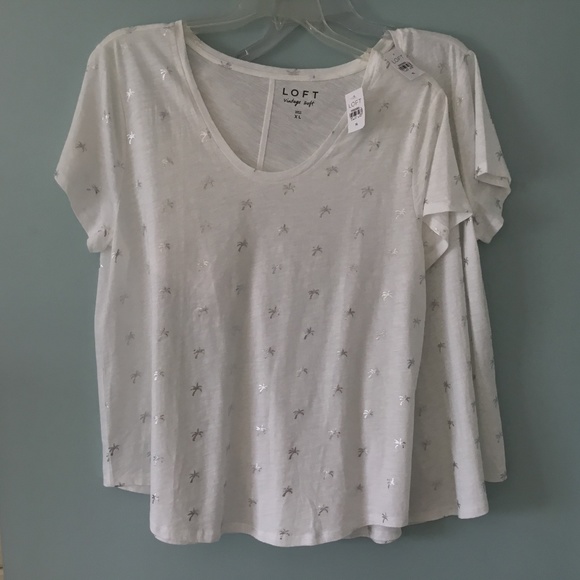 Two LOFT Vintage Soft White V-neck with Silver Palm Trees Tee, Size XL, NWT - Picture 1 of 9